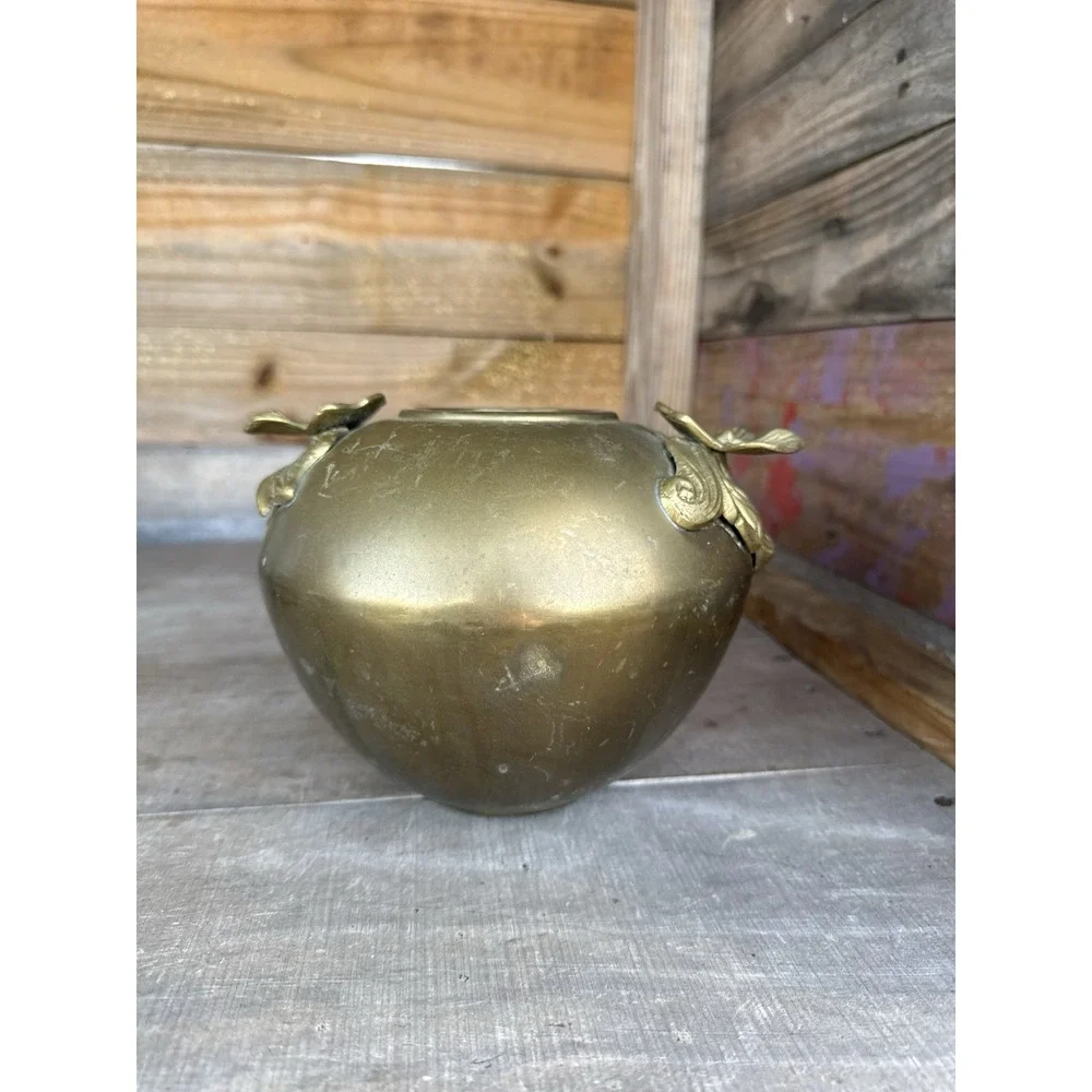 Brass Bowl Pot Vase‎ Art Deco Nouveau Style Vintage Floral Lillipad Handles